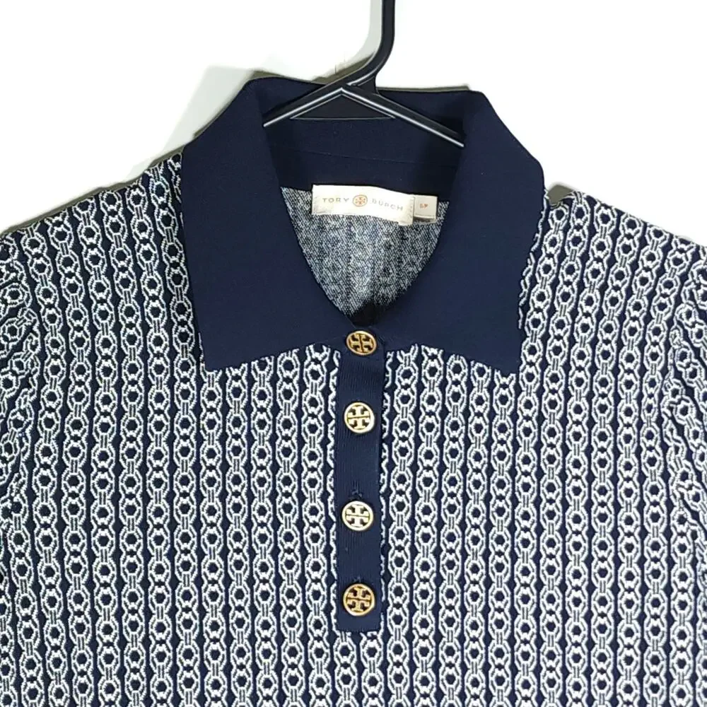 Tory Burch Gemini Link Small Knit Navy Jacquard Pleated Polo Dress NO BELT